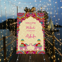 Mehndi welcome sign cute elephants pink mandala