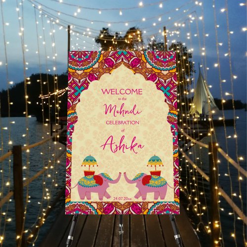 Mehndi welcome sign cute elephants pink mandala
