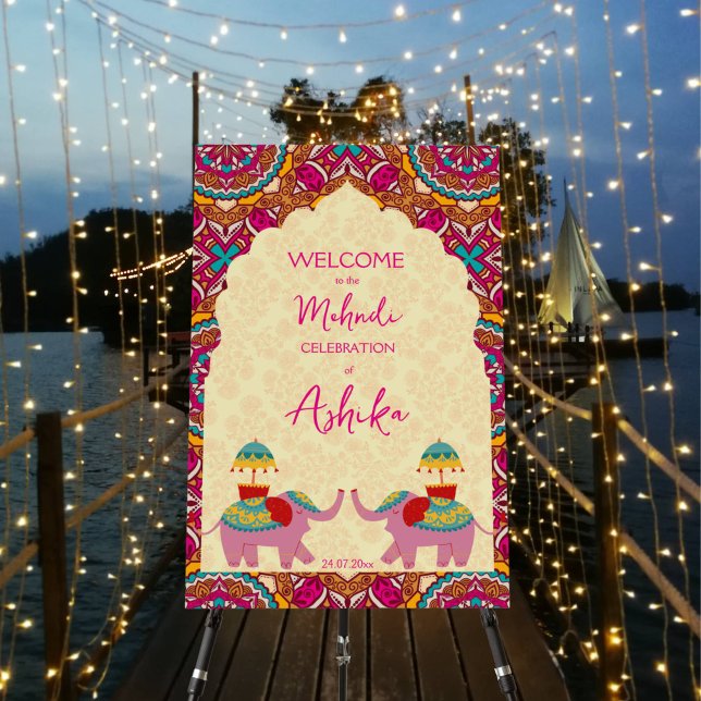 Mehndi welcome sign cute elephants pink mandala (Creator Uploaded)