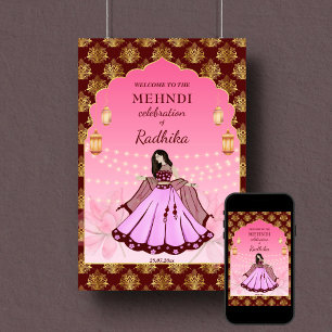 Mehndi welcome sign dancing Indian bride maroon