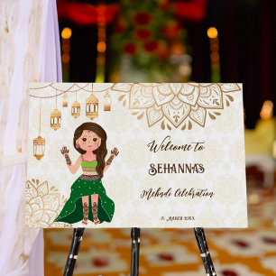 Mehndi welcome sign with cute Indian henna bride