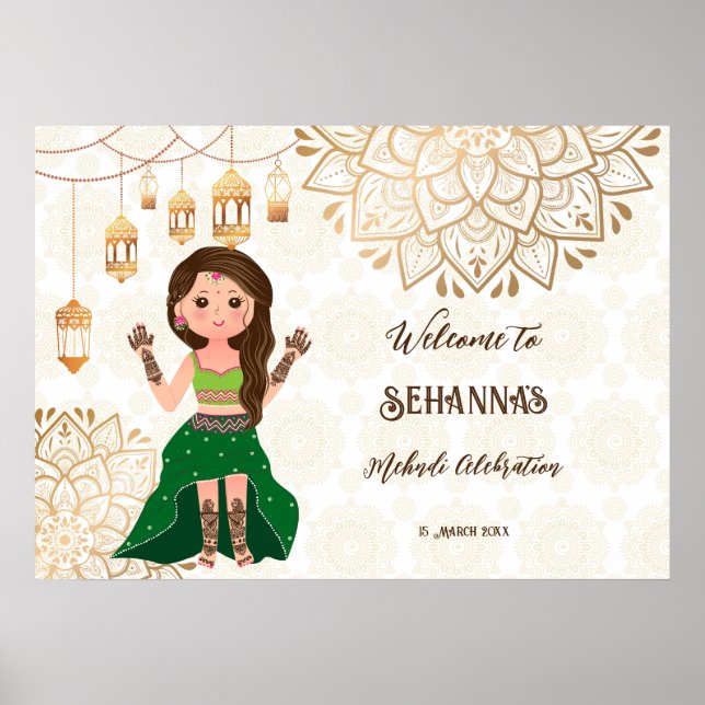 Mehndi welcome sign with cute Indian henna bride (Front)