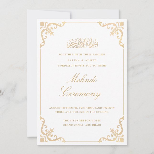 Mehndi White Gold Islamic Muslim Wedding Invitation (Front)