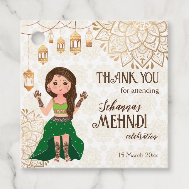 Mehndi with cute Indian henna bride personalized Favor Tags (Front)