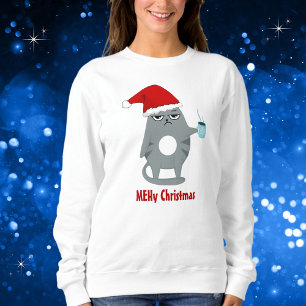 MEHy Christmas Sarcastic Cute Santa Cat Christmas Sweatshirt