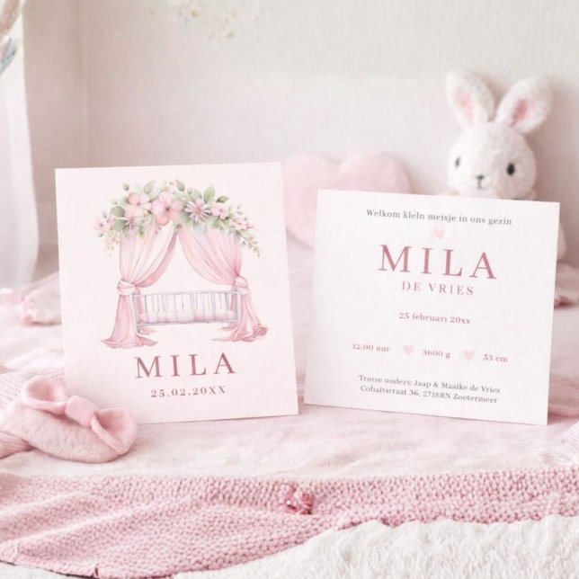 Meisje Roze Wieg Bloemen Waterverf Geboorte Card (Creator Uploaded)