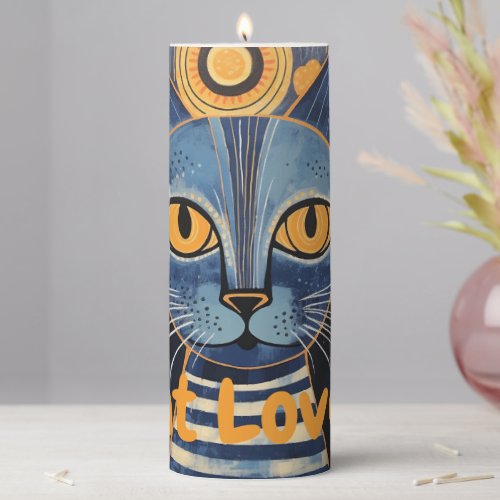 Melancholic Boho Blue Yellow Cat Lover Pillar Candle