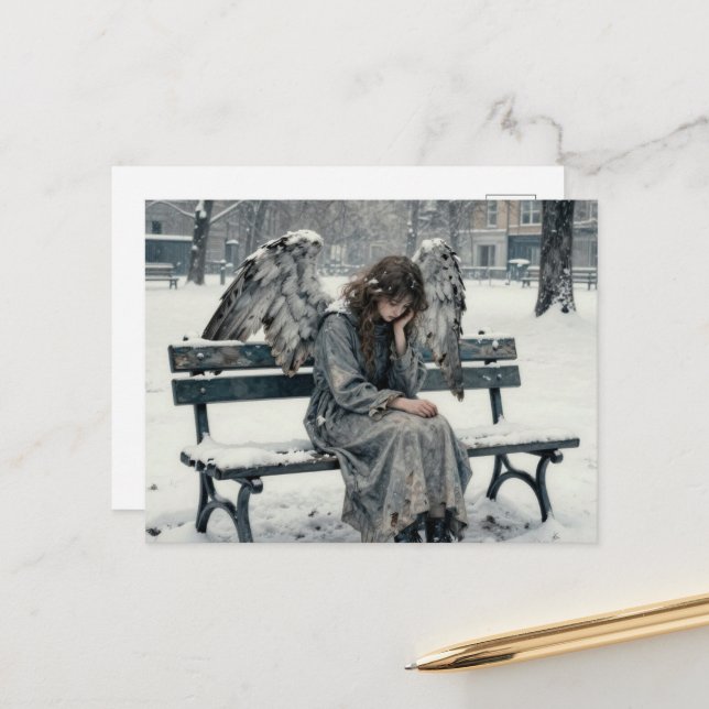 Melancholy Angel in Snowy Park Ink Drawing Postcard (Front/Back In Situ)