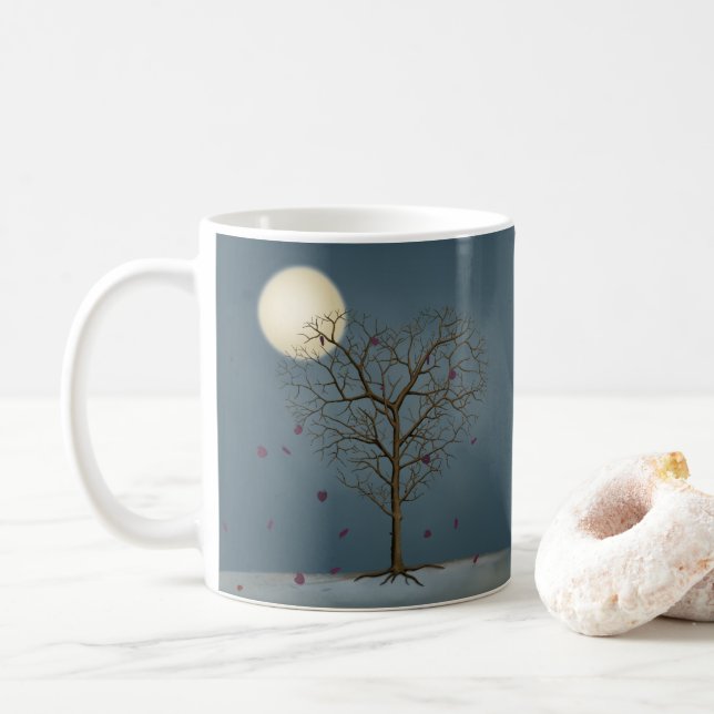 Melancholy Heart Shaped Tree Under Full Moon Coffee Mug (With Donut)
