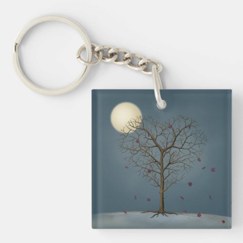 Melancholy Heart Shaped Tree Under the Full Moon Keychain