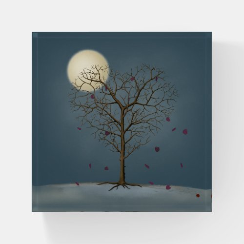 Melancholy Heart Shaped Tree Under the Full Moon Paperweight