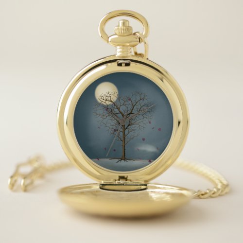 Melancholy Heart Shaped Tree Under the Full Moon Pocket Watch