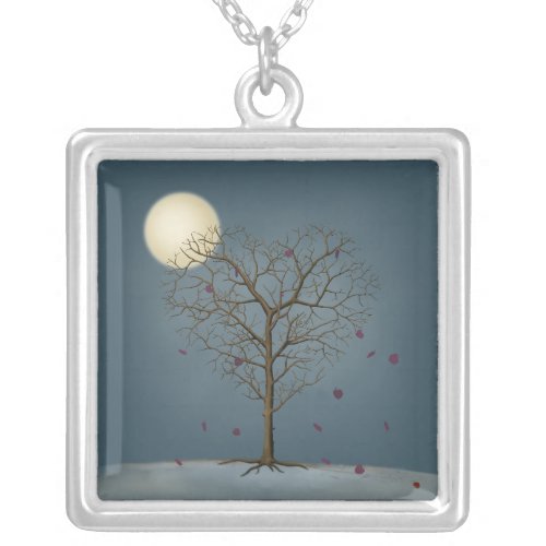 Melancholy Heart Shaped Tree Under the Full Moon Silver Plated Necklace