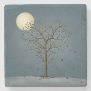 Melancholy Heart Shaped Tree Under the Full Moon Stone Coaster