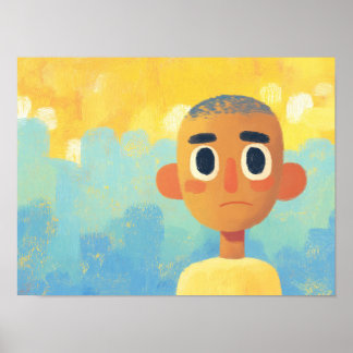 Melancholy Textured Portrait in Blue and Gold Poster