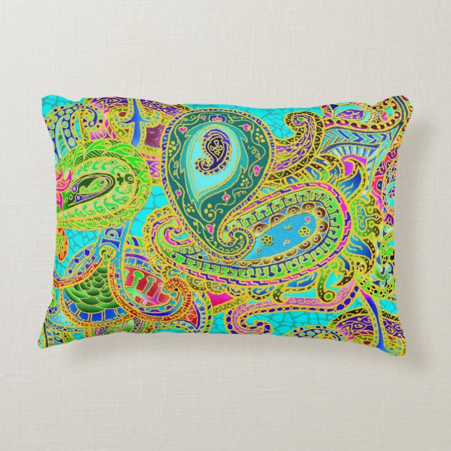 Melange Paisley in Turquoise and Green Accent Pillow (Back)