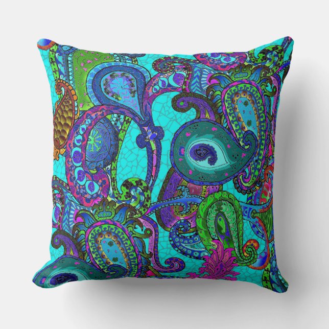 Melange Paisley in Turquoise and Sherbet Green Throw Pillow (Front)