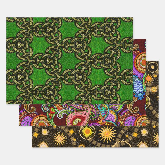 Melange Paisley, Tysonia and Celtic Dragon Wrapping Paper Sheets (Set)