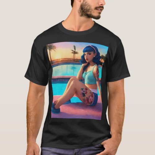 Melanie Martinez sitting at pool sunset backgroun T_Shirt