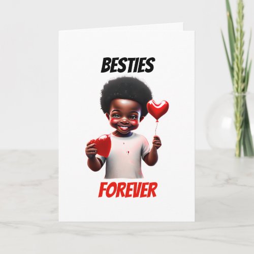 Melanin boy besties forever red heart kids cute holiday card
