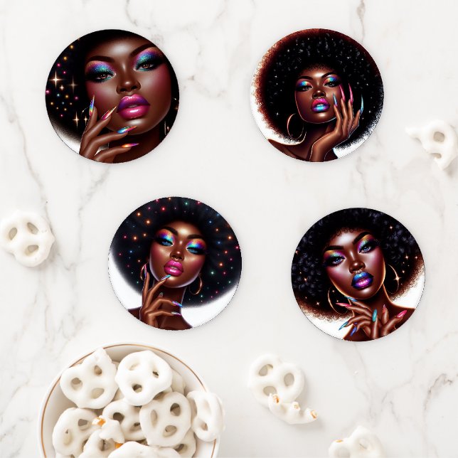 Melanin Chic Afro Beauty with Holographic Accents Coaster Set (In Situ)