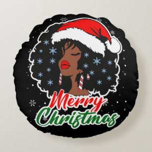 Melanin Christmas Black Queen Melanin Woman Xmas  Round Pillow
