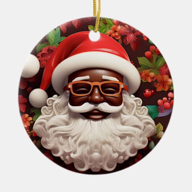 Melanin Christmas Chocolate Black Santa Claus Ceramic Ornament (Front)