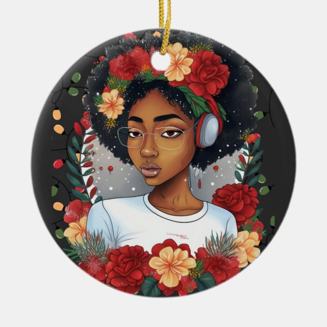 Melanin Christmas Winter Black Girl Magic Sista Ceramic Ornament (Front)