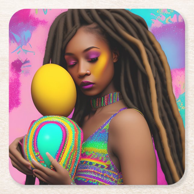 Melanin Easter Rainbow Spring Sista Girl Birthday Square Paper Coaster (Front)