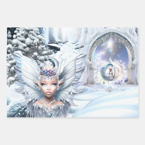 Melanin fairy trio fairytale carriage winter snow wrapping paper sheets