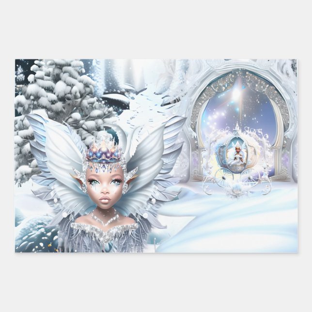 Melanin fairy trio fairytale carriage winter snow wrapping paper sheets (Front 3)