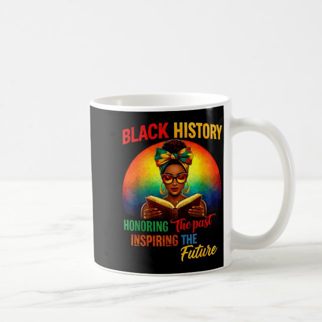 Melanin honoring past inspiring pride book black coffee mug (Right)
