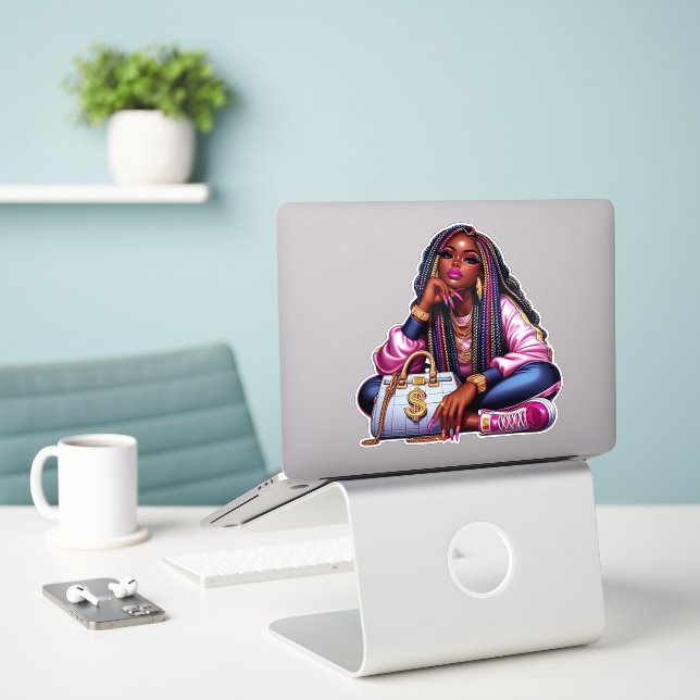 Melanin Hustler African American Hip Hop Woman Sticker (Laptop On Desk)