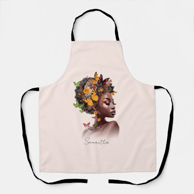 Melanin Magic: Afro Hair and Colorful Butterfly Apron (Front)