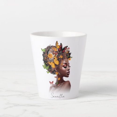 Melanin Magic Afro Hair and Colorful Butterfly Latte Mug