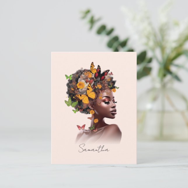 Melanin Magic: Afro Hair and Colorful Butterfly Postcard (Standing Front)