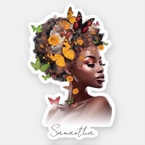Melanin Magic Afro Hair and Colorful Butterfly Sticker