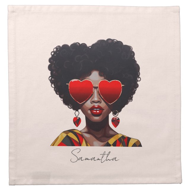 Melanin Magic: Black Queen Rocking Heart Shades Cloth Napkin (Front)