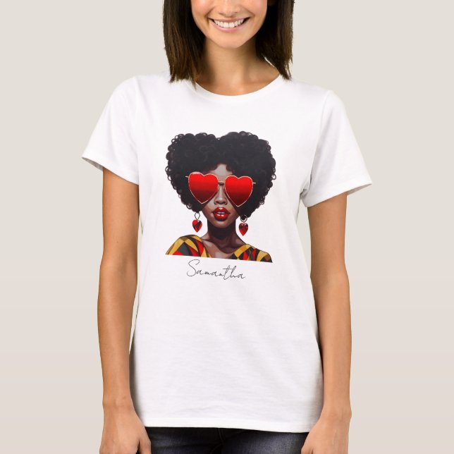 Melanin Magic: Black Queen Rocking Heart Shades T-Shirt (Front)