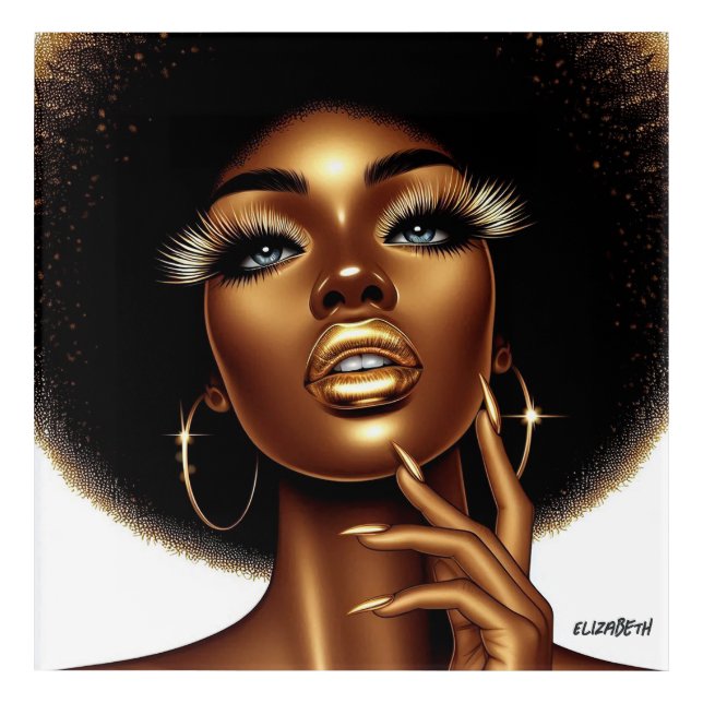 Melanin Queen with Afro Hair and Gold Accents Acrylic Print (Front)