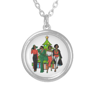 Melanin Sistas Christmas Tree Friendsgiving Sista  Silver Plated Necklace