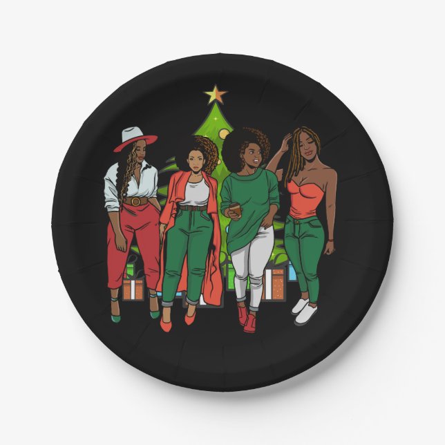 Melanin Sistas Christmas Tree & Gifts Black Girls Paper Plates (Front)