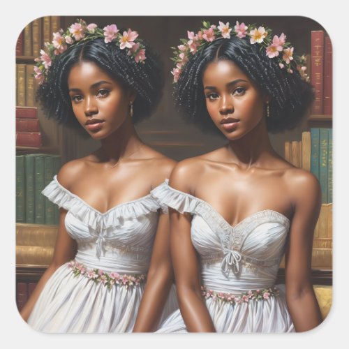 Melanin Twin Sisters in Library Gemini Art Square Sticker