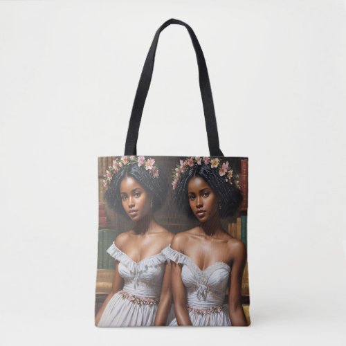 Melanin Twin Sisters in Library Gemini Art Tote Bag