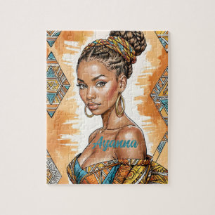 Melanin Woman with Braided Bun - African Print Jigsaw Puzzle