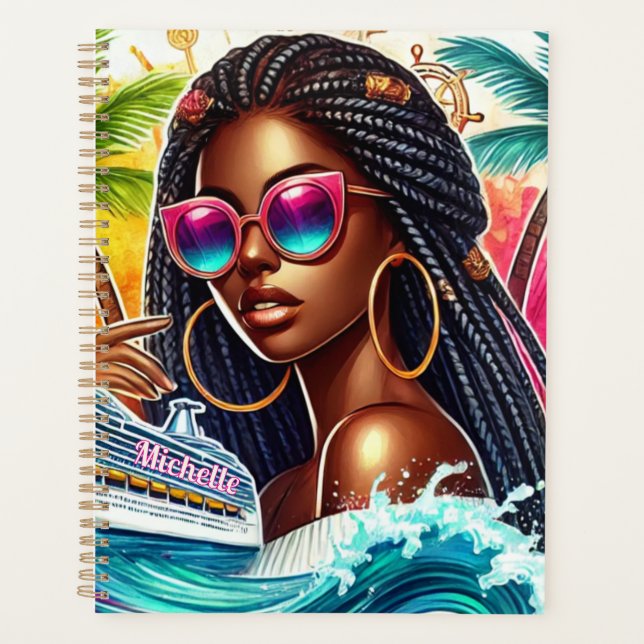 Melanin Woman with Braids - Tropical Cruise Vibes Planner (Front)