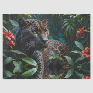 Melanistic Jaguar in Jungle Red Flowers Tissue Paper