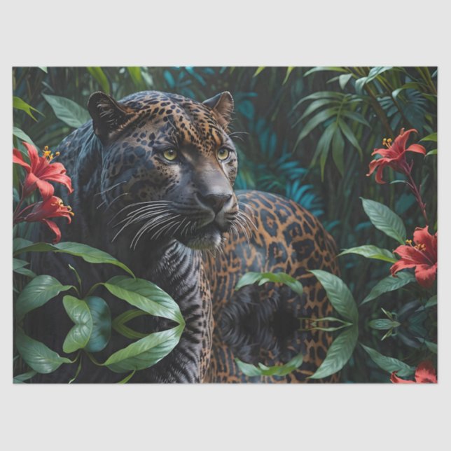 Melanistic Jaguar in Jungle Red Flowers Tissue Paper (Front)