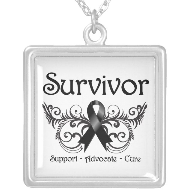 Melanoma Cancer Survivor Deco Ribbon Silver Plated Necklace (Front)