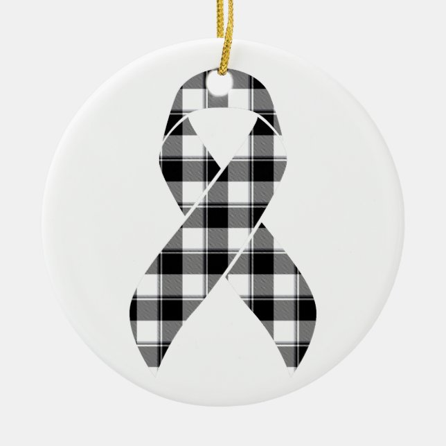 Melanoma Skin Cancer Awareness Plaid Black Ribbon  Ceramic Ornament (Front)